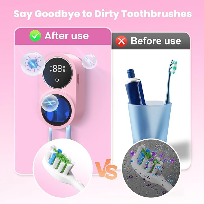 Toothbrush Holder and Cleaner for Bathroom Light Cleaning Fan Drying Round in Circle Automatic Rotating Cover Wall Mounted Smart Home Gadgets (03 Pink)-Ruum Studio Home