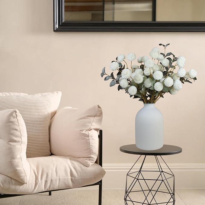 White Faux Flowers for Vase - Kiku 10 Stems & Eucalyptus, Fake Flowers Stems for Pottery Vase, Realistic Artificial Flowers, Pom Pom Balls for Aesthetic Room Decor, Floral Arrangements Centerpiece-Ruum Studio Home