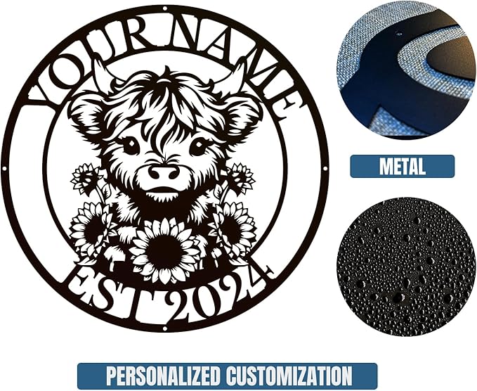 Personalized Highland Cow Name metal Signs,Custom Highland Cow Metal Shed Wall Decor,Black Metal Wall Art Plaques Outdoor wall Decorative Signage (Style E)-Ruum Studio Home