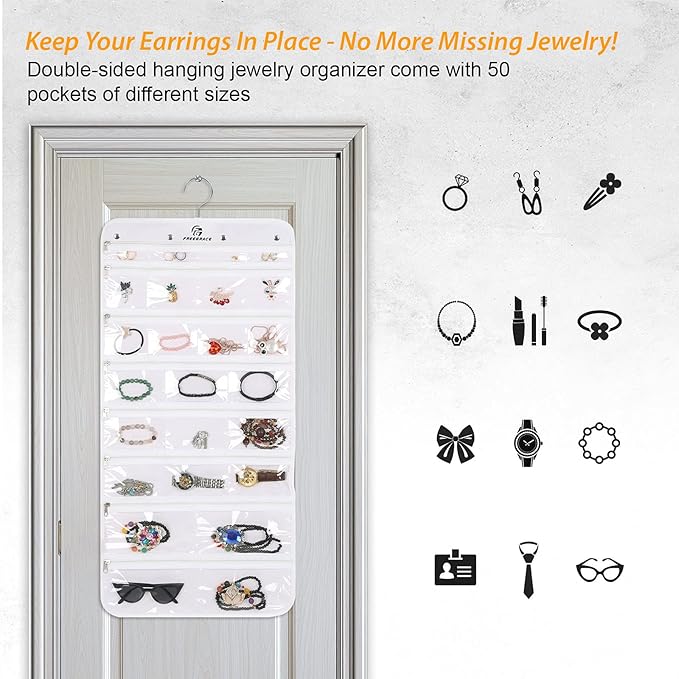 Freegrace Hanging Jewelry Organizer Revolving Hanger - Secure Zipper Closure - 50 Pockets - Foldable Storage & Display Solution - For All Jewelry & Bijoux (White)-Ruum Studio Home