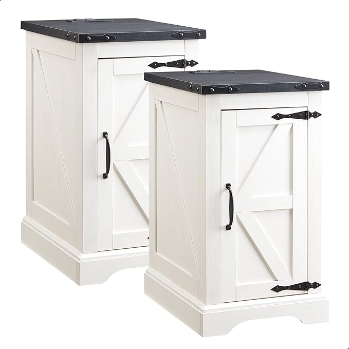 JXQTLINGMU Farmhouse Nightstand Set of 2 with Charging Station, 17" D Rectangular End Table with Barn Door & Adjustable Storage Shelf, Wood Rustic Sofa Side Table for Living Room, Bedroom, White-Ruum Studio Home
