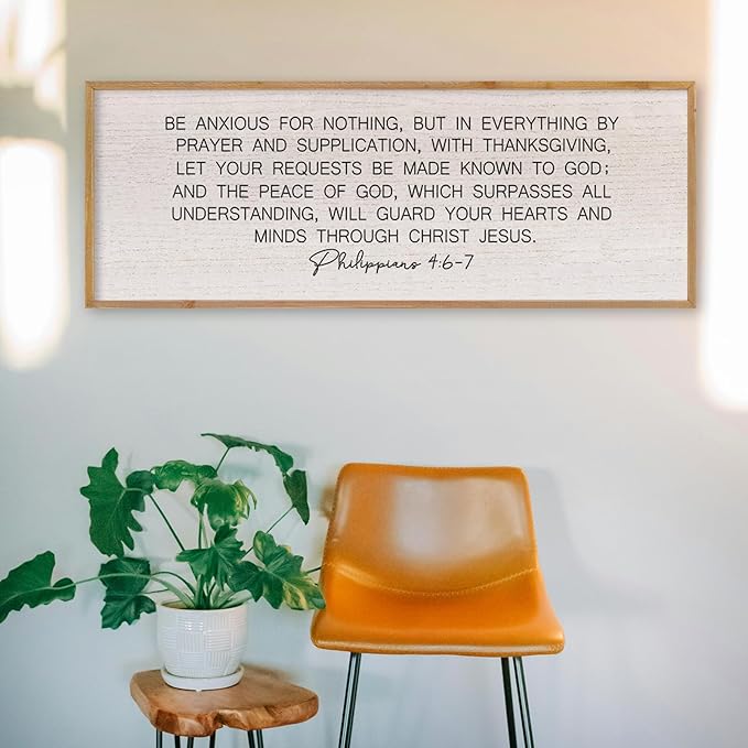 LuZhiQiang Be Anxious for Nothing Wall Decor 32"×12" Philippians 4:6-7 Bible Verse Sign Large Christian Scripture Wood Framed Hanging Decor (Wood)-Ruum Studio Home