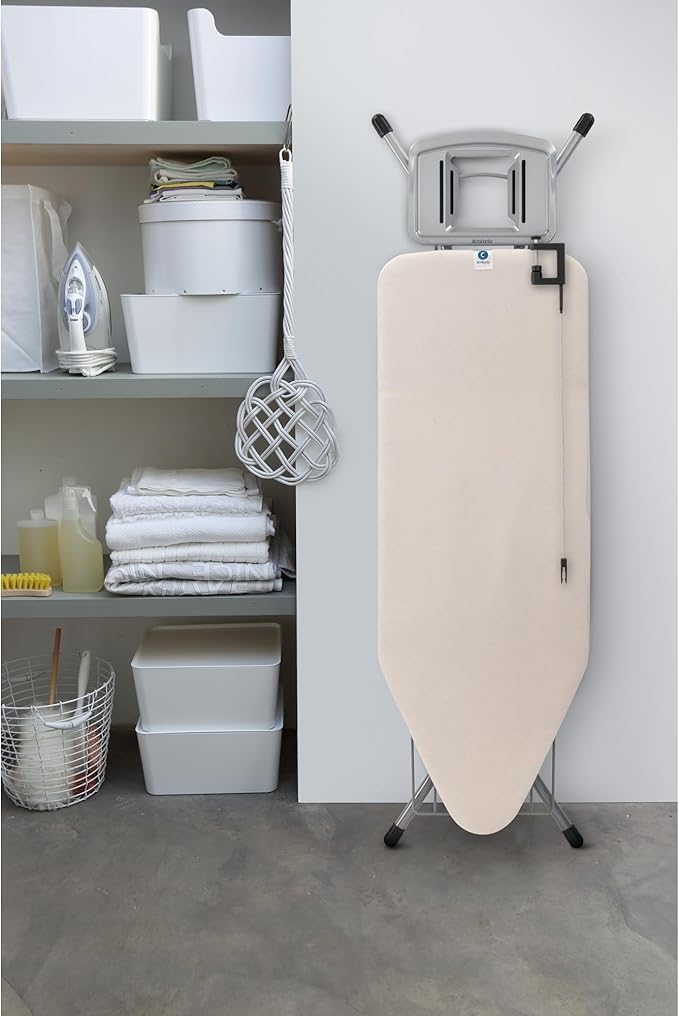 Brabantia Size C Ironing Board (49 x 18in) 7 Height Options, Solid Steam Iron Rest Holder & Linen Rack & Cord Holder (Ecru) Non-Slip Feet, Anti-Collapse Child Locks-Ruum Studio Home