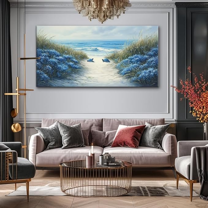 LASMOND Romantic Beach Wall Art for Living Room Blue Sea Turtle Lovers Canvas Painting Prints Ocean Sandy Romance Flowers Large Bedroom Office Decor Artwork (58x28 Inches)-Ruum Studio Home