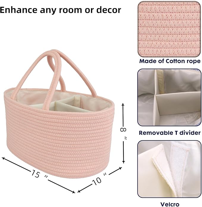 Diaper Caddy Organizer Cotton Rope Baby Basket Nursery Storage and Portable Tote Bag for Car Ideal Baby Shower Gifts and Registry Must-Have for Newborn Essentials large coral pink-Ruum Studio Home