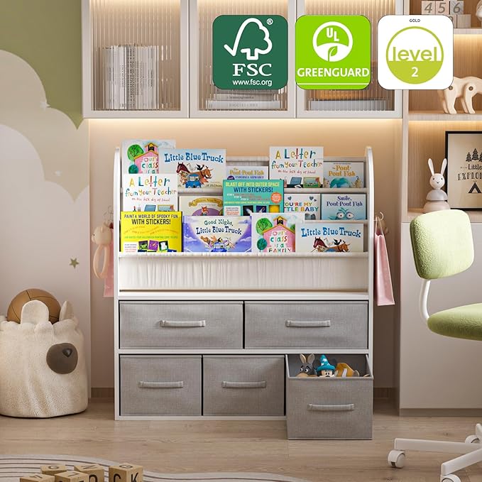 NACHES Kids Bookshelf and Toy Storage Bins, Children Bookcase Toddler Book Display Cabinet with 5 Toy Organizer Boxes for Playroom,Reading Room,Toddler Room,Nursery,Classroom-Ruum Studio Home