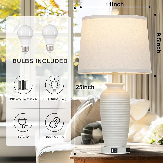 25" Farmhouse Jar Table Lamps Set of 2,Rustic Cream Pot Table Lamp for Bedroom, Living Room,3 Way Touch Control Rustic Bedside Lamps with USB A+C Ports & AC Outlet(LED Bulbs Included)-Ruum Studio Home