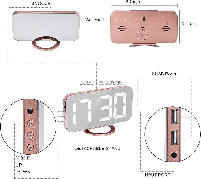 SZELAM Alarm Clock for Bedroom,LED and Mirror Digital Clock Large Display,with Dual USB Charger Ports,Auto Dim,Snooze Mode,Modern Desk/Wall Electronic Clock for Girl Woman Mom Teens - Rose Gold-Ruum Studio Home