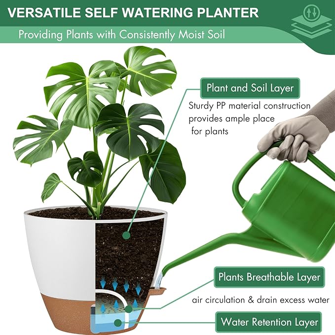 montresor 2 Pack 10 inch Plant Pots, PP Plastic Self Watering Plant Pot with Drainage and Tray for Indoor Outdoor Plants, Water Level Window & Reservoir Flower Pots Decorative Planter (White)-Ruum Studio Home