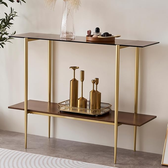 Glass Console Table for Living Room, Foyer & Entrance, 2-Tiers Mid-Century Modern Sofa Table with Amber Glass Top, Walnut Finish Wood Shelf and Gold Finish Frame-Ruum Studio Home