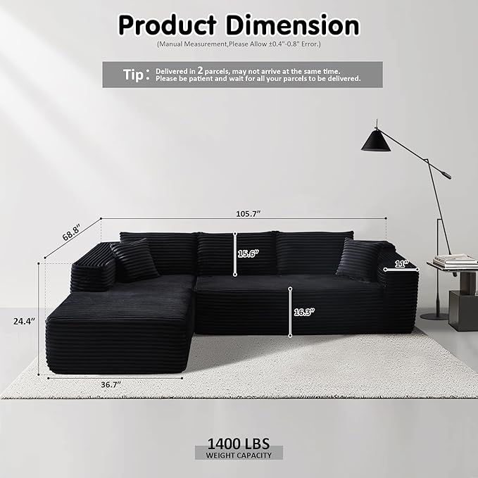 ovios 104" Cloud Sectional Couch with L-Shape Chaise,Modern Modular Sofa with Deep Seat, Upholstered Couches for Living Room Bedroom,No Assembly Required, Black (Plush Corduroy Fabric)-Ruum Studio Home