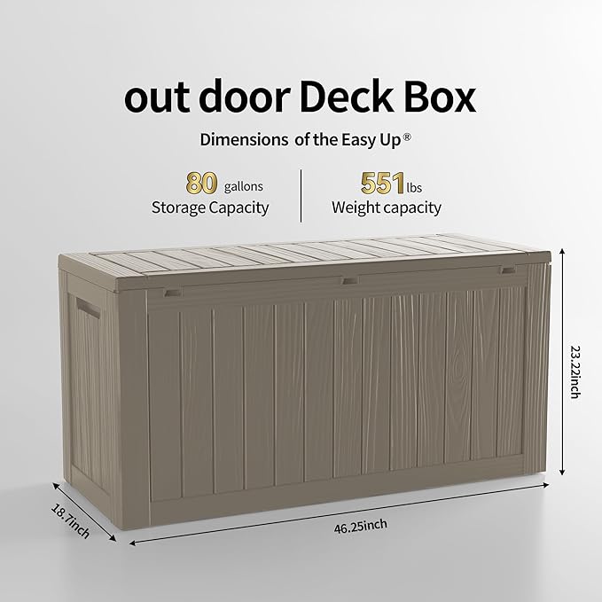 80 Gallon Lockable Resin Deck Box, Waterproof & UV-Resistant Outdoor Storage Box for Outdoor Cushion Storage, Garden Tools & Pool Accessories Storage, Gray-Ruum Studio Home