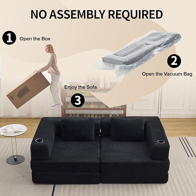78" W Loveseat Sofa, 4 in 1 Convertible Floor Sofa Bed, Boneless Cloud Couch with Cup Holder, Fold Out Floor Couch, Loveseat Recliner Sleeper for Living Room Bedroom Lounge(Corduroy, White)-Ruum Studio Home