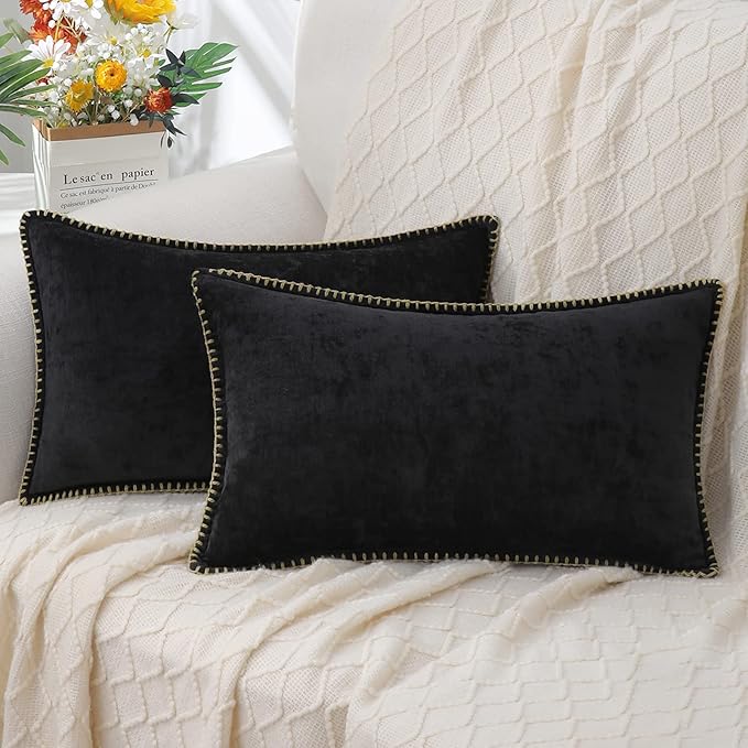 decorUhome Chenille Soft Throw Pillow Covers 12x20 Set of 2, Lumbar Velvet Farmhouse Neutral Decorative Euro Pillow Covers with Stitched Edge for Couch Sofa Bed Home Decor, Black-Ruum Studio Home