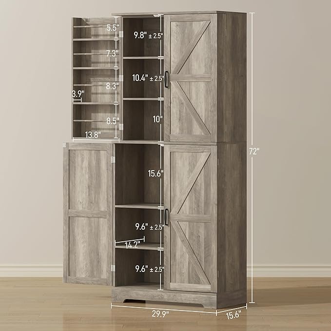 HOMCOM 72" Farmhouse Kitchen Pantry Cabinet, Freestanding Tall Storage Cabinet with 4 Barn Doors, 4 Adjustable Shelves and 8 Door Shelves, Gray Wash-Ruum Studio Home