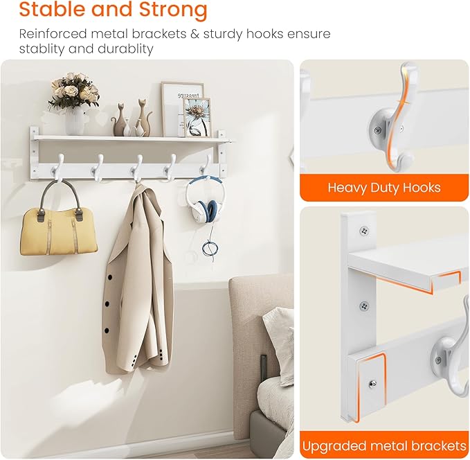 Homode Coat Rack With Wall Shelf, 29" Wooden Entryway Floating Shelf With Hooks Underneath, Hanging Coat Hanger for Bathroom, Living Room, Bedroom, Hallway, White-Ruum Studio Home