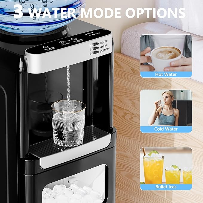 COWSAR 3-in-1 Water Cooler with Ice Maker, Hot & Cold Top Loading, Water Dispenser for 5 Gallon Bottle, 33LBS/24H Ice Maker with Child Safety Lock, Black-Ruum Studio Home