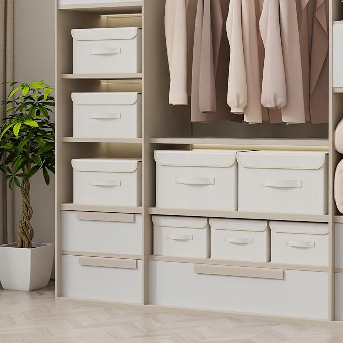 Storage Boxes, Collapsible Storage Bins with Lids, Cotton and linen cloth Storage Baskets with Handle, for Books, Closet, Bedroom, Home, 13x9.1x7.9 in, Beige-Ruum Studio Home