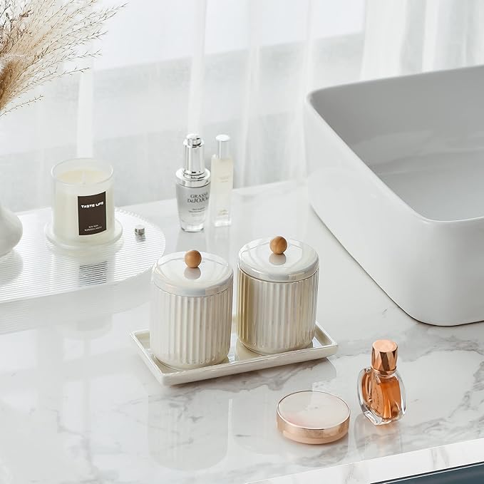 Ceramic Bathroom Canister Set with Coordinating Small Vanity Tray Qtip Holder Dispenser for Cotton Ball,Swab,Pads, Floss, Bathroom Storage Jars with Lids Pearl White-Ruum Studio Home