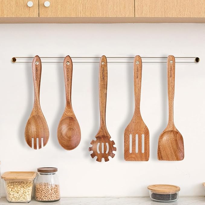 Wooden Spoons for Cooking - 5-Piece Wooden Kitchen Utensil Set made of Natural Solid Wood Material - Includes Salad Spoons, Spaghetti Spoon, Salad Fork, Flat Spatula,Slotted Spatula(A05)-Ruum Studio Home