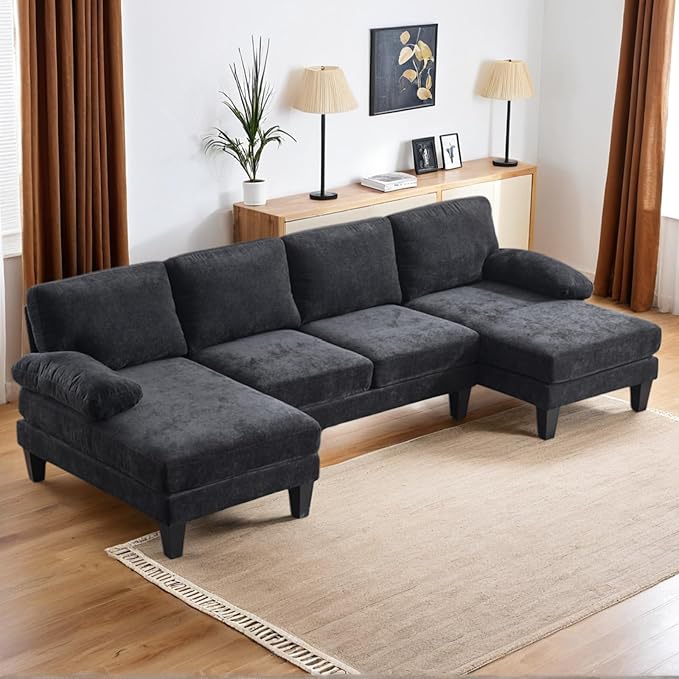 Karl home U-Shape Sectional Sofa Couch 111" Modern 4-Seat Sofa with Chaises Chenille Fabric Upholstered Covertible Couch with Wood Grain Legs for Living Room, Reception Room, Apartment, Black-Ruum Studio Home