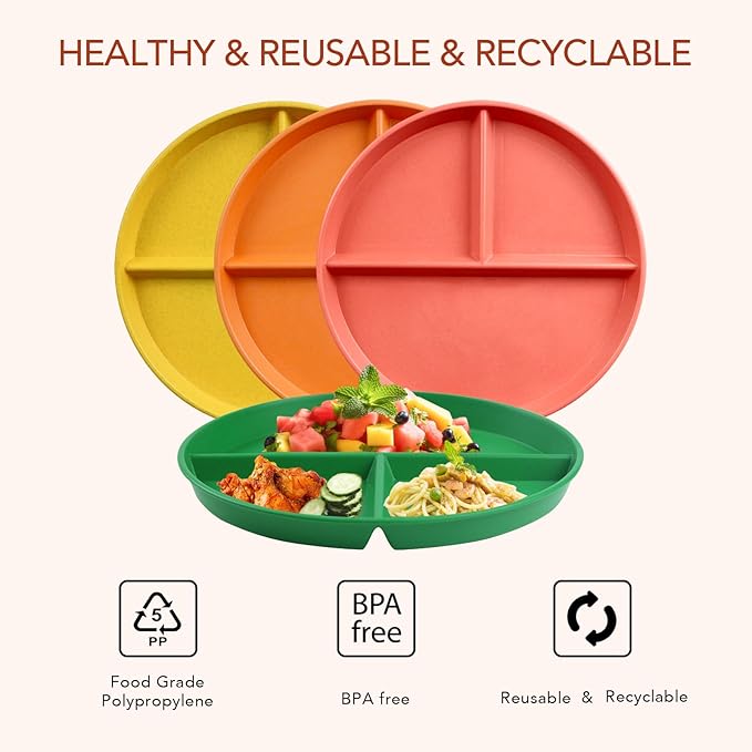 greenandlife 9 Inch 4PCS Unbreakable Portion Control Plates, Divided Plates for Kids Adults, Dishwasher & Microwave Safe Compartment Plate, Lightweight Reusable Wheat Straw Plate, BPA Free-Ruum Studio Home