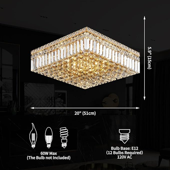 12-Lights Gold Crystal Flush Mount Ceiling Light Fixtures,Elegant Crystal Chandelier Pendant Ceiling Lamp for Bedroom,Living Room,Dining Room,Hallway H5.9 x W20 x L20 (Bulb Not Included) Square-Ruum Studio Home