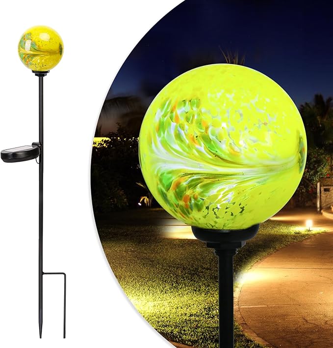 Solar Lights Outdoor Decorative Solar Outdoor Decorative Glass Ball Stakes Waterproof Garden Stake Glass LED Garden Globe Lights for Pathway Yard Lawn Decoration Yellow-Ruum Studio Home
