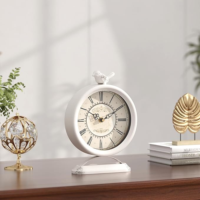 Vintage Table Clock with Bird, European Antique Style White Mantel Clocks, Desk and Shelf Decor Clock, for Farmhouse, Bedside, Living Room, Bedroom, Gift (9" H x 6.5" W)-Ruum Studio Home