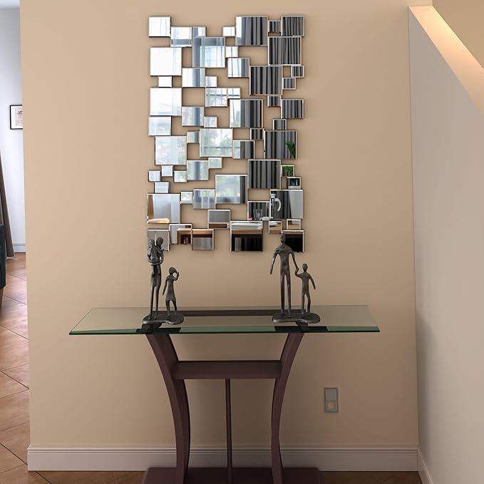 KOHROS Large Silver Wall Mirrors Decorative 48×32 Inch Modern Art Geometric Patchwork Mirror for Wall Decor, Living Room & Entryway Decor, 3D Space - Extending Wall - Mounted Mirror-Ruum Studio Home