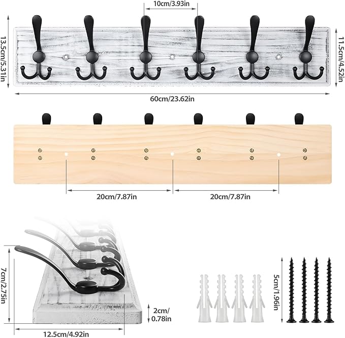 Coat Rack Wall Mount, Wooden Heavy Duty Coat Rack for Wall,6 Triple Coat Hanger Hooks for Hanging Coats,Jacket,Hat,Clothes (Grey White, 6 Hooks)-Ruum Studio Home