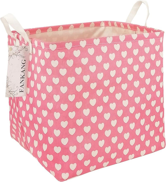 FANKANG Square Nursery Hamper Storage Bins Canvas Laundry Basket Foldable with Waterproof PE Coating Storage Baskets Gift Baskets for Children, Office, Bedroom, Clothes（Square-Pink Heart ）-Ruum Studio Home