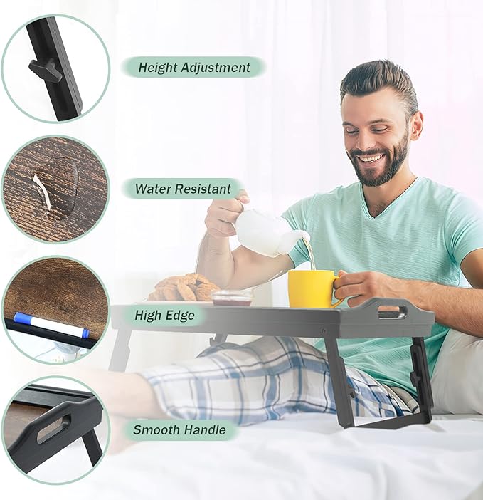 2 Pack Bed Tray Table Breakfast Trays Serving Tray Adjustable Height for Eating Bamboo Bed Laptap Floding Legs with Handles and Phone Holders-Ruum Studio Home