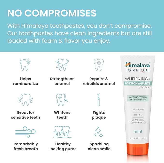 Himalaya Botanique Whitening + Hydroxyapatite Toothpaste for Whiter Teeth & Fresher Breath, Fights Plaque with Hydroxyapatite Support & Mint Flavor, Fluoride Free, SLS Free, & Vegan, 4.0 oz, 4 Pack-Ruum Studio Home