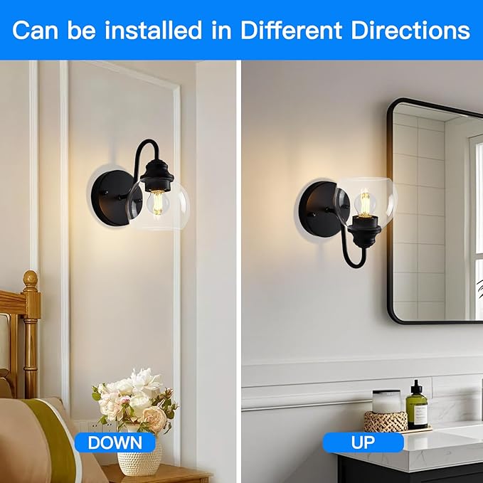 Farmhouse Gooseneck Wall Sconces Set of Two, Bathroom Vintage Black Vanity Light, Rustic Indoor Wall Light Fixtures with Clear Glass for Bathroom Beside Mirror Living Room Hallway-Ruum Studio Home