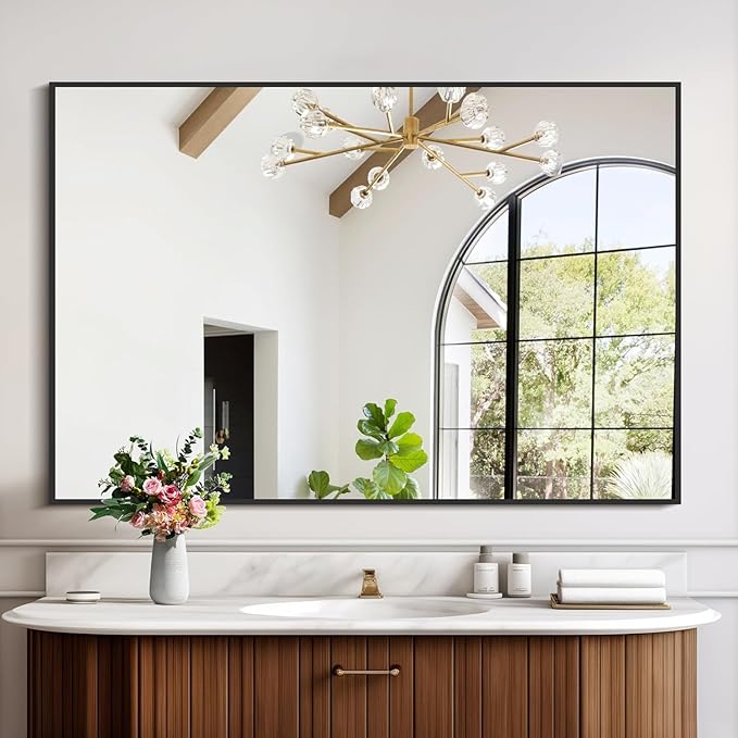Black Bathroom Mirror for Wall, 30x48 Inch Rectangle Mirrors with Metal Frame, Modern Vanity Wall Mirror Decor for Bathroom Living Room, Entryway Hangs Horizontal or Vertical-Ruum Studio Home