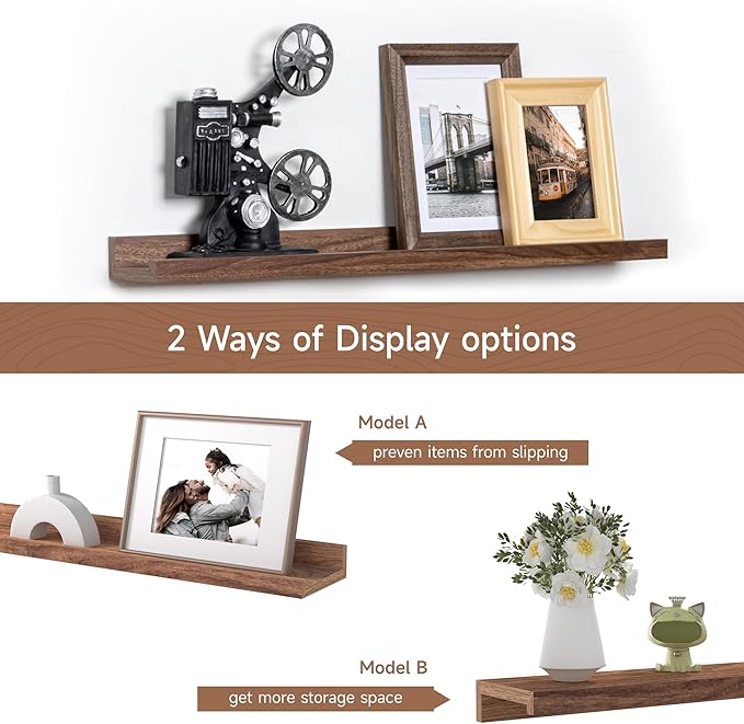 Fun Memories Picture Ledge Shelf, 24 Inch Floating Shelves Set of 2, Nursery Book Shelves for Toys Storage, Kids Bookshelf Wall Mounted for Wall Decor Books Photo Frames, Walnut-Ruum Studio Home