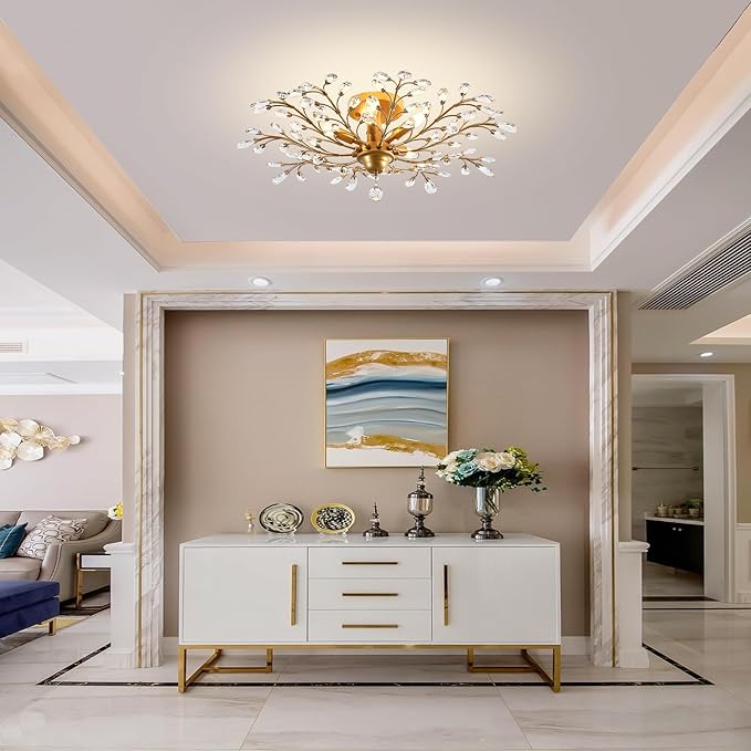 Ganeed Crystal Chandeliers,Vintage K9 Clear LED Ceiling Lighting,Edison Pendant Light Flush Mounted Fixture with 5 Light for Living Room Dinning Room Restaurant Porch Hallway (Gold)-Ruum Studio Home