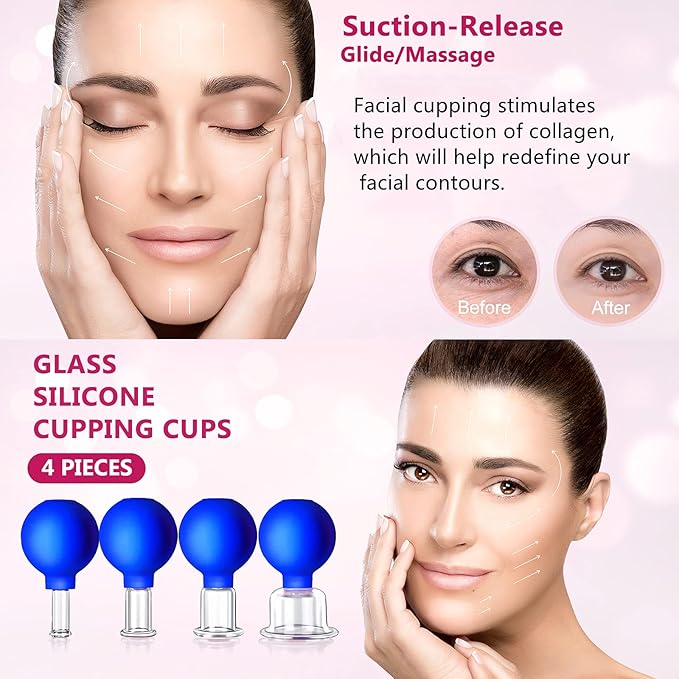 4 Size Facial Cupping Therapy Set Glass, Eye Face Vacuum Massage Anti Cellulite Cup - Silicone Cupping Massage Therapy, for Beauty Body Cup Fascia Massager(Softcover-Blue)-Ruum Studio Home