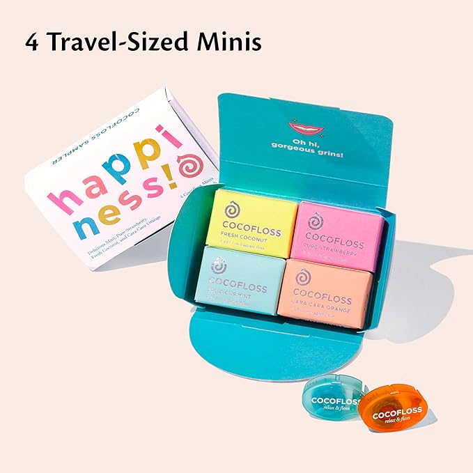 Cocofloss Woven Dental Floss, Travel Sampler, Dentist-Designed Oral Care with Coconut Oil, Waxed, Vegan, Kid-Friendly, 4 Minis in Mint, Coconut, Orange, Strawberry (8 yd Each)-Ruum Studio Home
