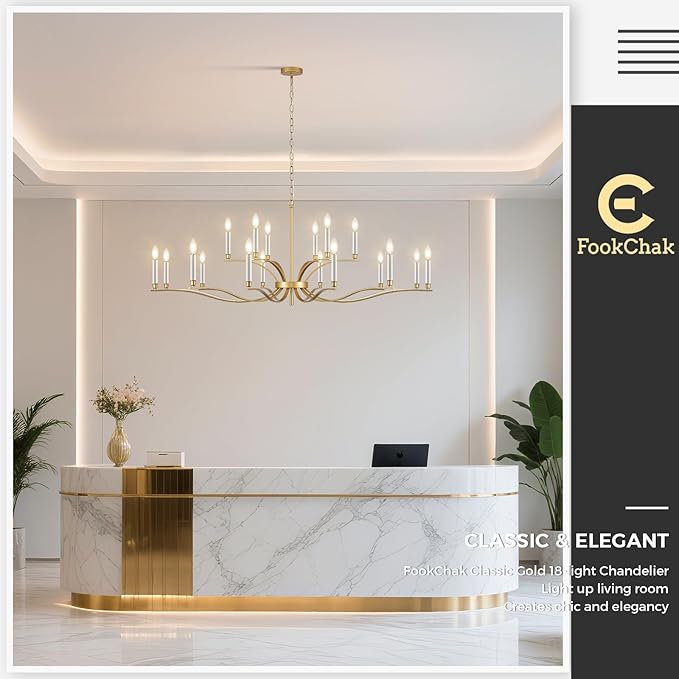 18 Light Gold Living Room Chandelier High Ceiling Foyer Candle Chandelier Large Modern Brass 59in Metal Chandeliers Hanging Light for Master Bedroom Dining Room Light Fixture Over Table-Ruum Studio Home