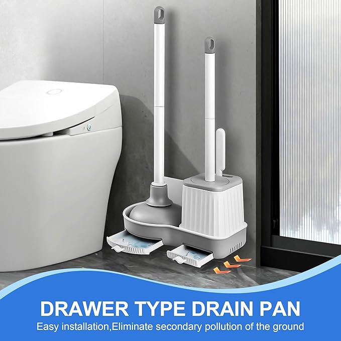 2 Pack Toilet Brush and Plunger Set, 3 in 1 Toilet Bowl Brush and Holder with Crevice Cleaning Brush Wall Mounted Household Bathroom Cleaning Tools Combo(2)-Ruum Studio Home