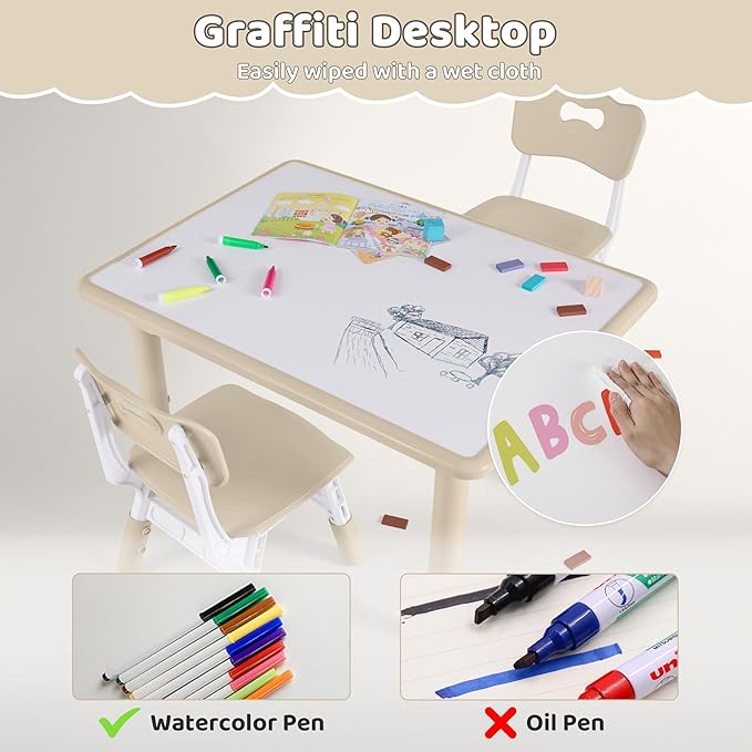 Kids Table and 2 Chairs Set, Height Adjustable (17.7"-26.1") Toddler Table and Chair Set, Multi-Activity Table with Graffiti Desktop, Children’s Table and Chairs for Classroom, Home & Daycare-Ruum Studio Home