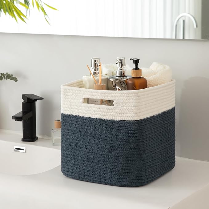 OIAHOMY Cube Storage Basket, 3-Pack Woven Cotton Rope Baskets for Storage, 11-Inch Cube Basket with Handles, Great for Shelves, Closets, Children's Toy Storage and Organization-White & Blue-Ruum Studio Home