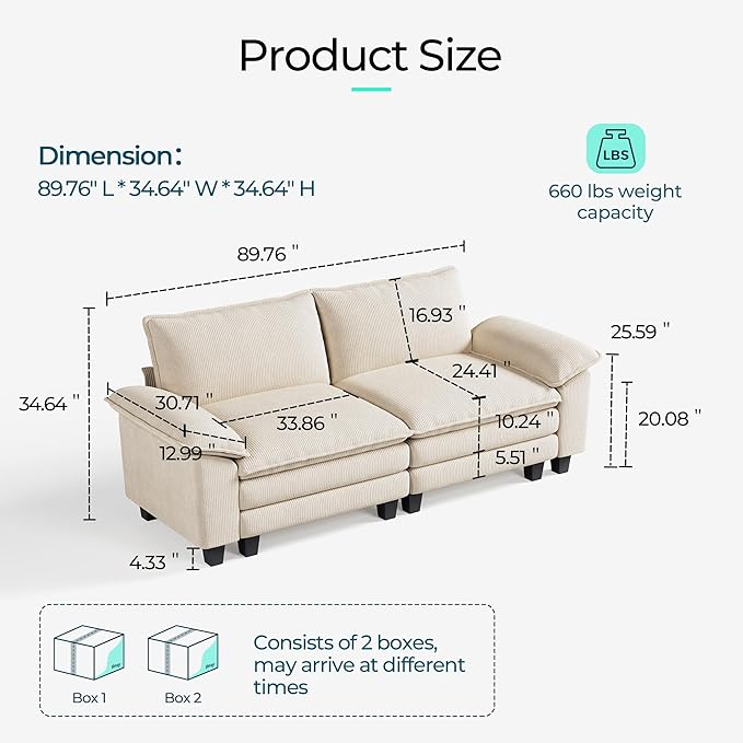 LINSY HOME Sectional Loveseat Sofa - 90'' Oversized Corduroy Cloud Couch Soft Modern Comfy Green Loveseat Couch Deep Seat Couches for Living Room Bedroom Apartment Office, Beige-Ruum Studio Home
