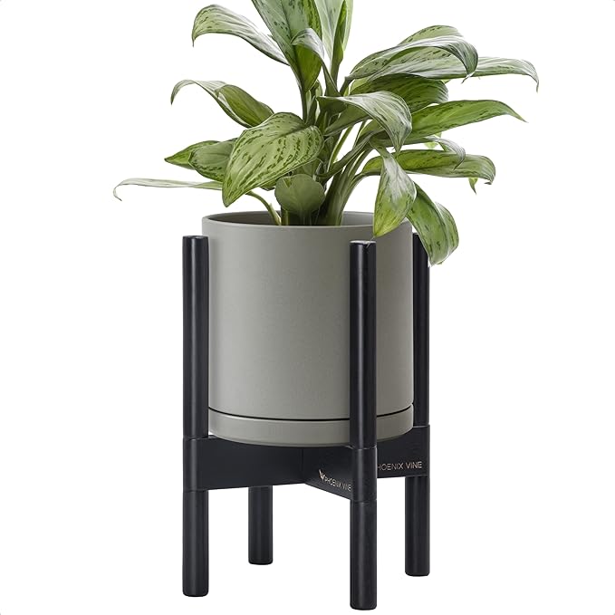D'vine Dev Ceramic Planter with Ebony Stand - 8 Inch Modern Round Flower Pot with Wood Planter Holder, Grey, 55-B-M-3-Ruum Studio Home