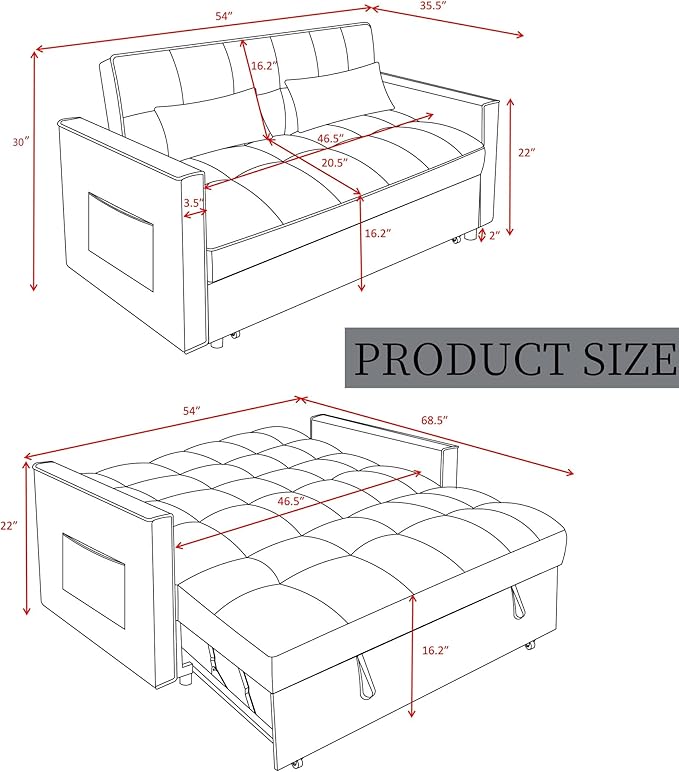 3 in 1 Convertible Sleeper Sofa Bed, Velvet Pull Out Sofas Beds with Side Pocket, 54” Adjustable Backrest Futon Sofa Bed, Love Seat Sleepers Couch for Living Room, Bedroom, Small Space, Black-Ruum Studio Home