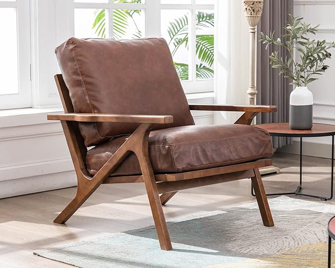 HNY Mid Century Arm Chairs Set of 2, Retro Accent Armchair with Wood Frames & Faux Leather Upholstered Removable Cushions, Leisure Reading Chair Slipper Chair for Living Room Bedroom, Brown-Ruum Studio Home