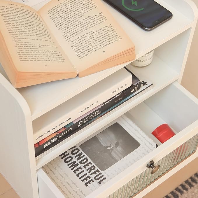 AWASEN White Nightstand with Charging Station, Modern Bedside Table with Glass Decorative Drawer, Small End Side Table with 2 Tiers Storage Space, for Bedroom, Office and Small Space(White)-Ruum Studio Home