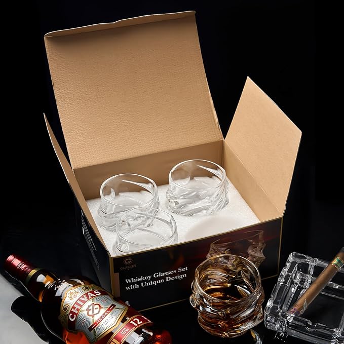 12 oz Hand Blown Crystal Whiskey Glasses Set of 4, Unique Cognac Glass, Heavy Thick Bottom Bar Glass for Scotch Bourbon Rum Gin Water Cocktail,Gifts Men Gifts Ideas-Ruum Studio Home